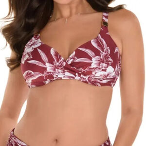 MIRACLESUIT Hibiskiss criss cross bathing suit top burgundy and white Pompei 34D